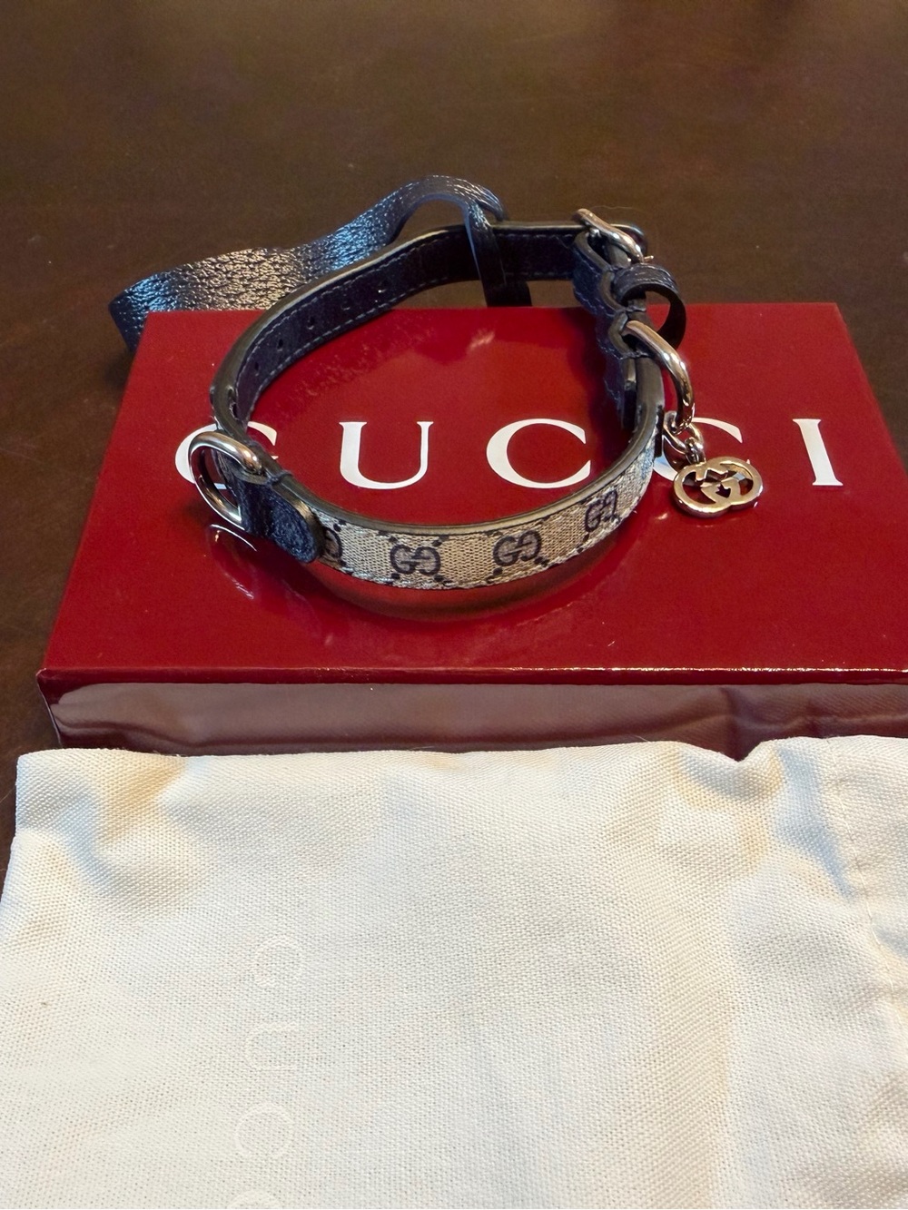 New Authentic Gucci GG Supreme Logo Pet Leather Collar Cat Dog XXS - Picture 3 of 12